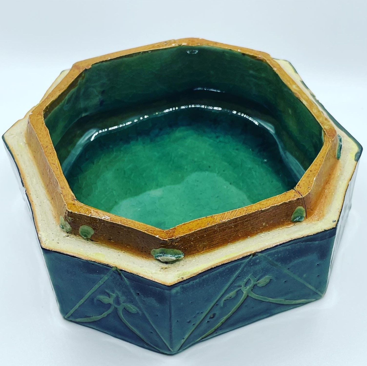open blue green transparent glazed box pottery